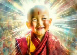 a baby Buddhist monk with shaven head smiles the most electric of smiles in pure joy