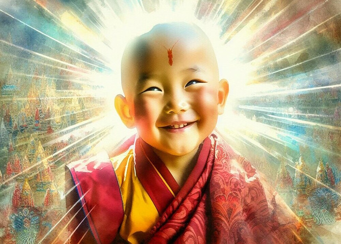 a baby Tibetan Buddhist expressing pure gratitude