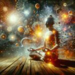 A buddha-like figure sits in meditations activating the magic of his Universe