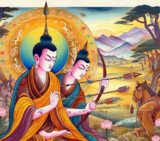 two buddhas shoot arrows from bows signifying the extra pain of the second arrow we shoot at ourselves.