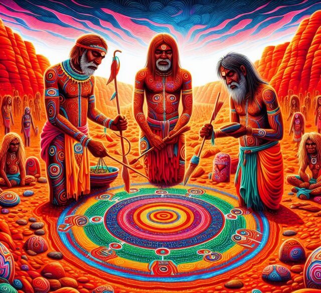 3 Australian Aboriginals in traditional dress celebrate wealth and abundance with a magical circle painted on the Earth.