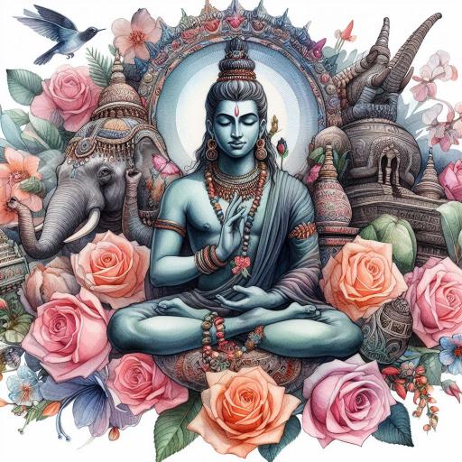 A buddha sits in meditation surrounded by full blossoms, beautiful objects and wild life.