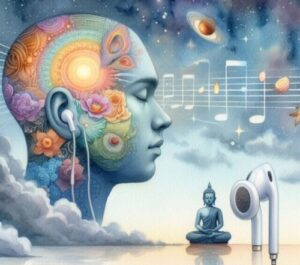 A human wearing earphone meditates to wonderful music surrounded by gleaming lakes and clouds.