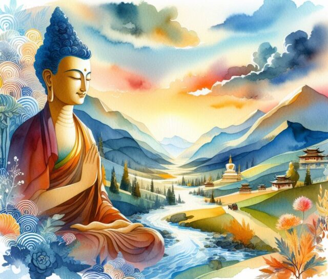 A serne Buddha meditates in a beautiful mountain landscape at sunrise.