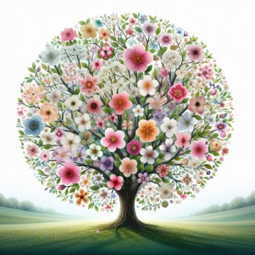 A beautiful tree is full of many different kinds of blossoms representing values and virtues.