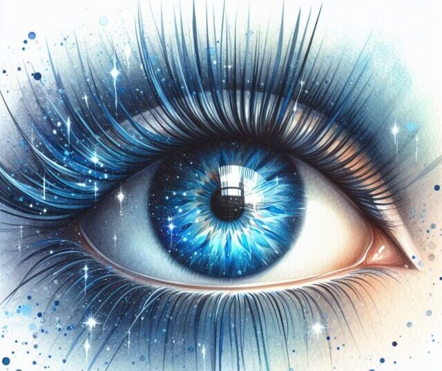 a huge blue open eye stares at digital screens for countless hours.