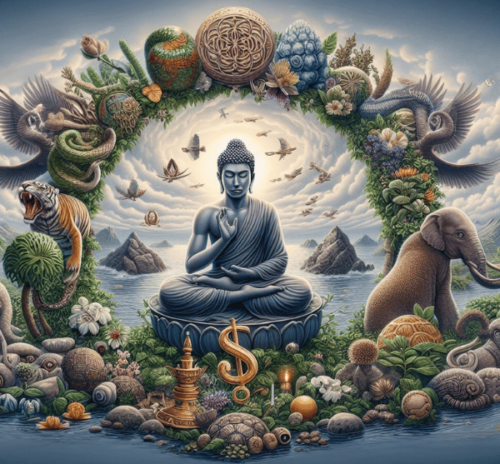 a buddha sits amongst abundance of the earth. Myths about wealth.