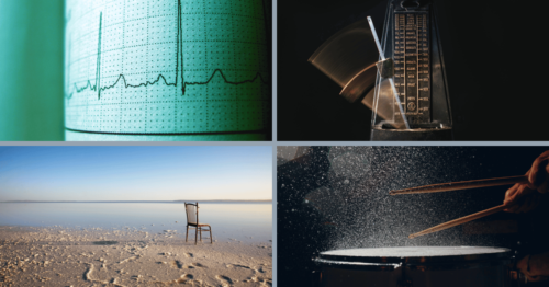 4 pohotgraphs show sound: a chart, a metronome, a chair on an empty beach representing silence and a pool of light.