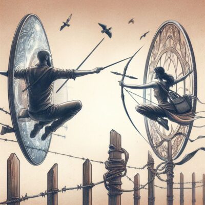 two beings find balance by swinging thought the sky in storage mesh circles.