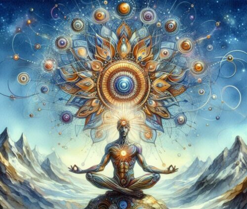 a human sits in meditation raising the frequency of his vibrations.