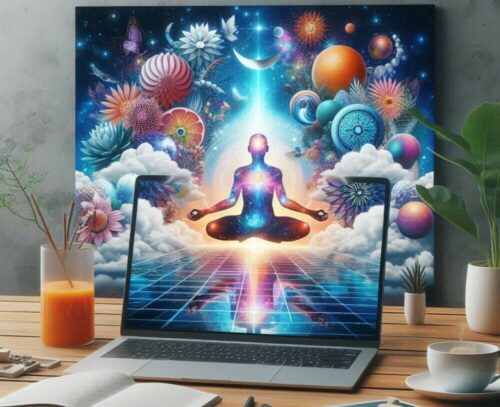 a lap top is open into the universe and all things are being attracted.