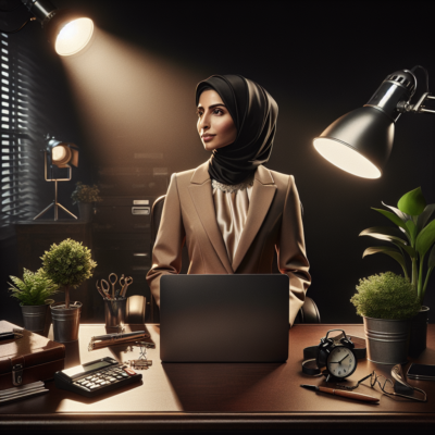 a woman stand under health lamps working on her pc.