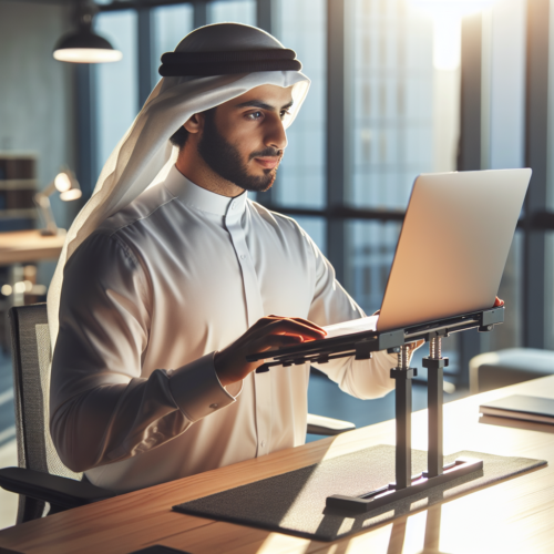 a young man in Arab headdress works sitting at a lap top raised on a computer desk.
